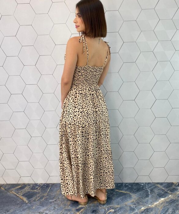 Vestido Midi sem Bojo Alças com Amarração Estampa Animal Print - Fernanda Ramos Store