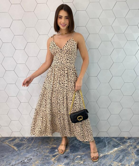 Vestido Midi sem Bojo Alças com Amarração Estampa Animal Print - Fernanda Ramos Store