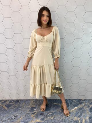 Vestido Midi sem Bojo Manga 3/4 com Amarração Bege - Fernanda Ramos Store