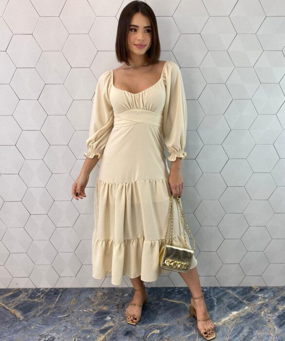 Vestido Midi sem Bojo Manga 3/4 com Amarração Bege - Fernanda Ramos Store