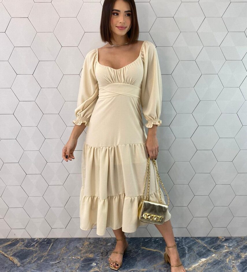 Vestido Midi sem Bojo Manga 3/4 com Amarração Bege - Fernanda Ramos Store