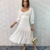 Vestido Midi sem Bojo Manga 3/4 com Amarração Branco - Fernanda Ramos Store