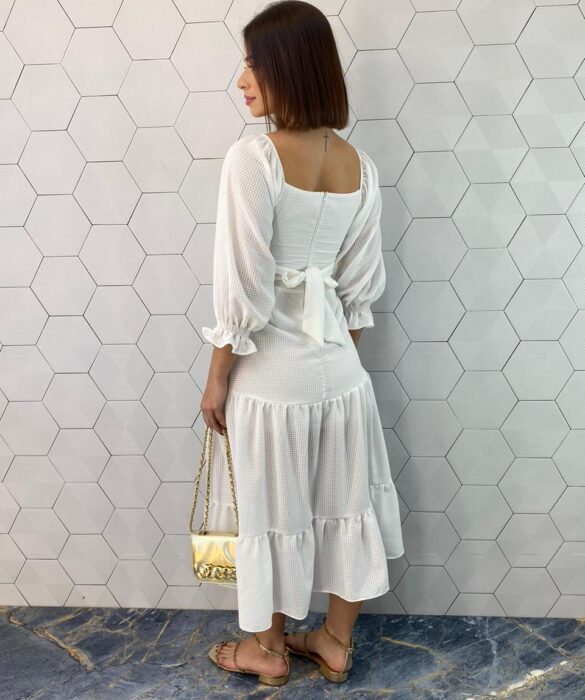 Vestido Midi sem Bojo Manga 3/4 com Amarração Branco - Fernanda Ramos Store