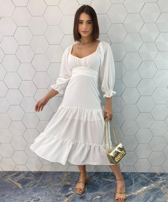 Vestido Midi sem Bojo Manga 3/4 com Amarração Branco - Fernanda Ramos Store