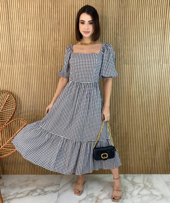 Vestido Midi sem Bojo Manga Curta Alana Xadrez - Fernanda Ramos Store