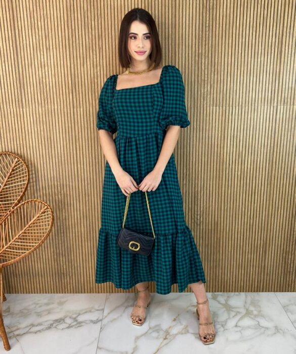 Vestido Midi sem Bojo Manga Curta Alana Xadrez Verde - Fernanda Ramos Store