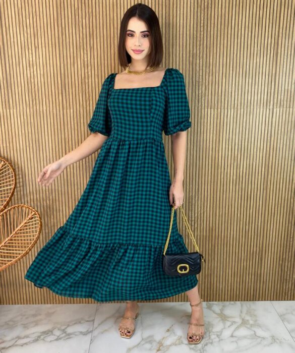 Vestido Midi sem Bojo Manga Curta Alana Xadrez Verde - Fernanda Ramos Store