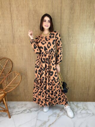 Vestido Midi sem Bojo Manga Longa de Malha Animal Print - Fernanda Ramos Store