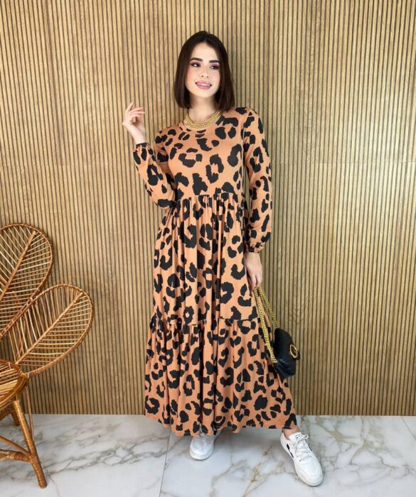 Vestido Midi sem Bojo Manga Longa de Malha Animal Print - Fernanda Ramos Store