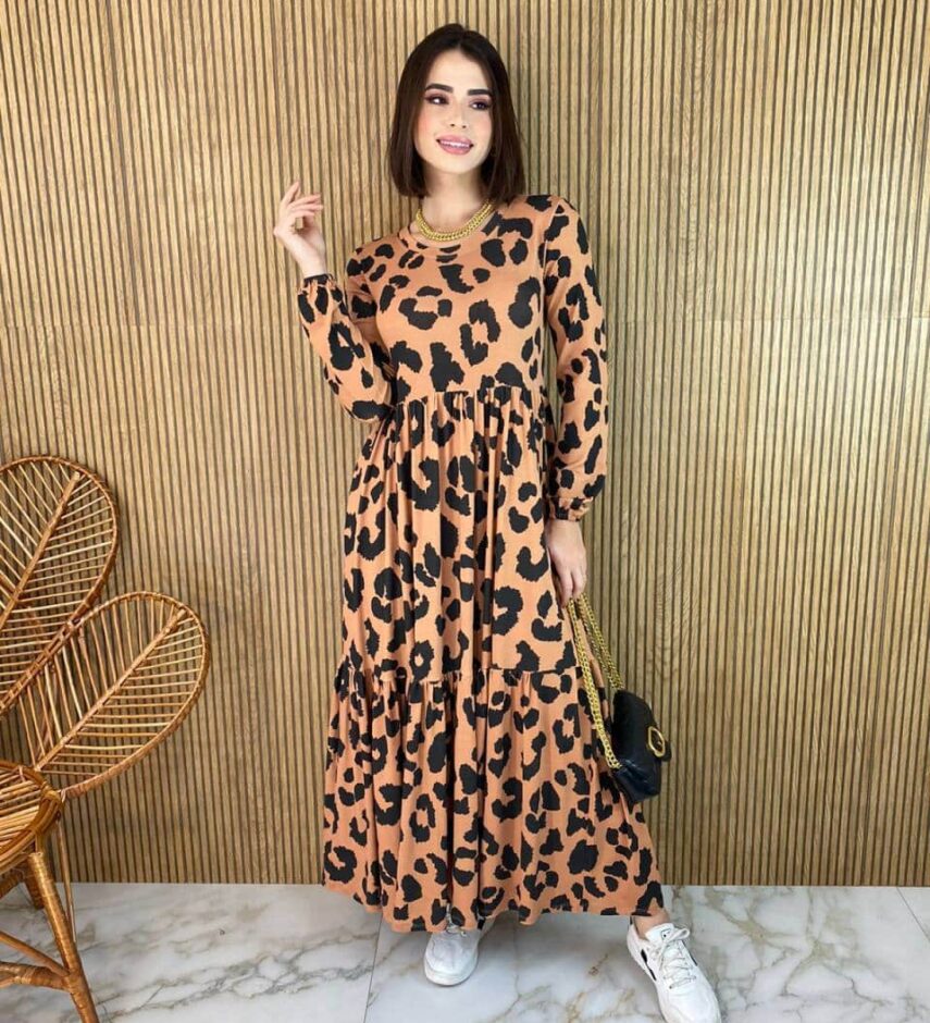 Vestido Midi sem Bojo Manga Longa de Malha Animal Print - Fernanda Ramos Store