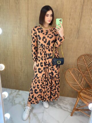 Vestido Midi sem Bojo Manga Longa de Malha Animal Print - Fernanda Ramos Store