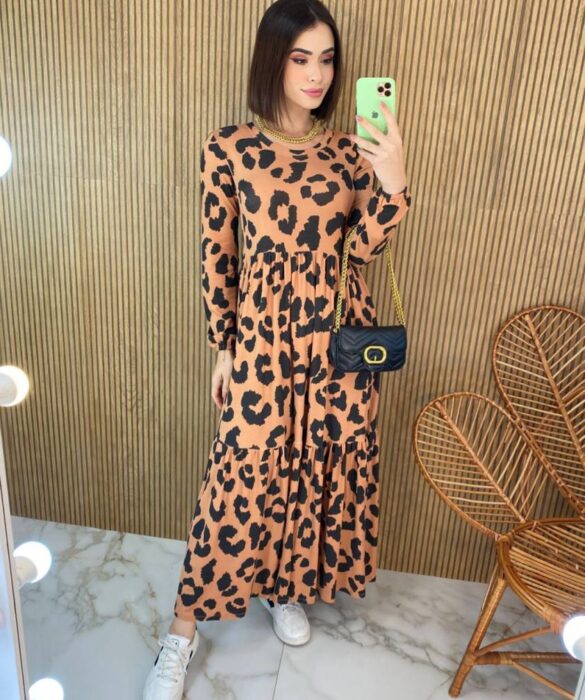 Vestido Midi sem Bojo Manga Longa de Malha Animal Print - Fernanda Ramos Store