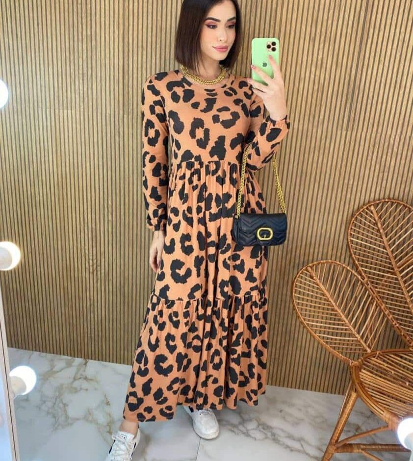 Vestido Midi sem Bojo Manga Longa de Malha Animal Print - Fernanda Ramos Store