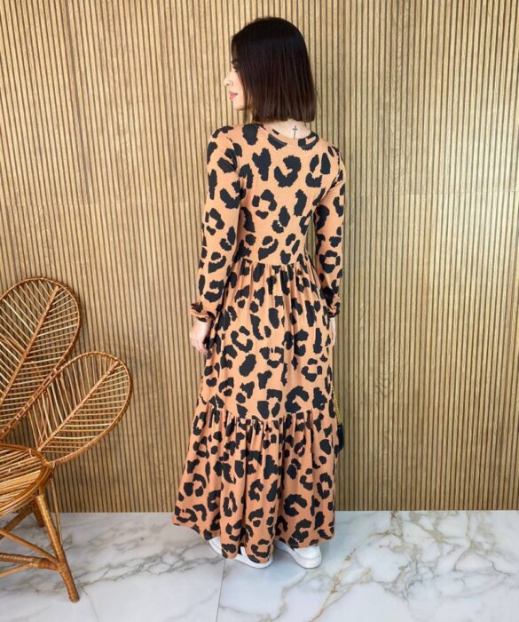 Vestido Midi sem Bojo Manga Longa de Malha Animal Print - Fernanda Ramos Store