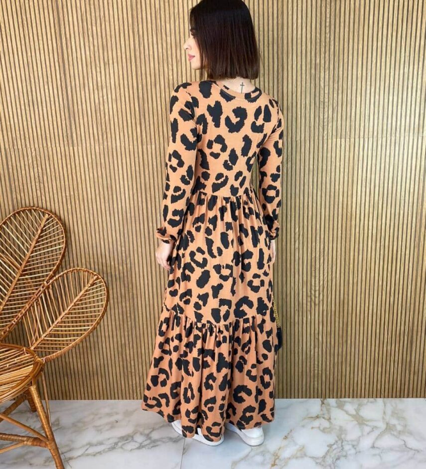 Vestido Midi sem Bojo Manga Longa de Malha Animal Print - Fernanda Ramos Store