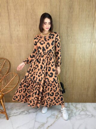 Vestido Midi sem Bojo Manga Longa de Malha Animal Print - Fernanda Ramos Store