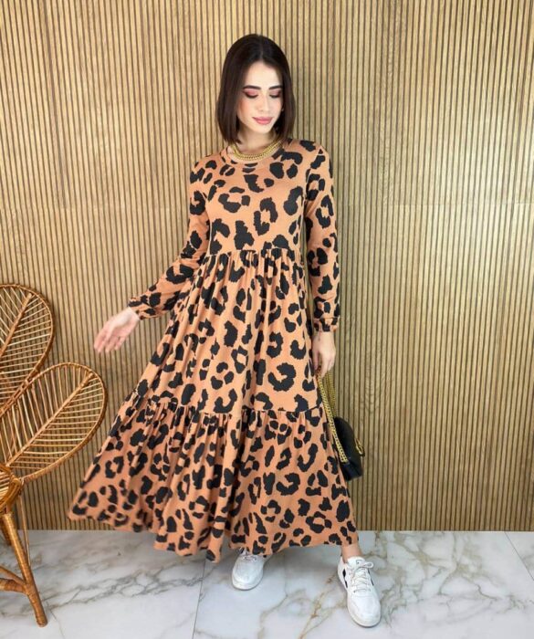 Vestido Midi sem Bojo Manga Longa de Malha Animal Print - Fernanda Ramos Store