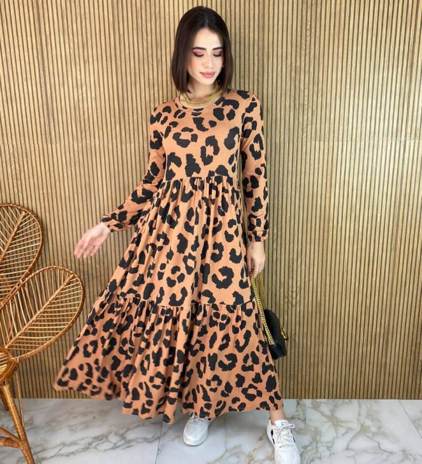 Vestido Midi sem Bojo Manga Longa de Malha Animal Print - Fernanda Ramos Store