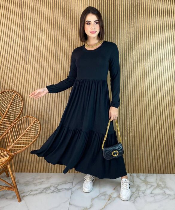 Vestido Midi sem Bojo Manga Longa de Malha Preto - Fernanda Ramos Store