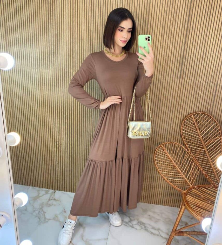 Vestido Midi sem Bojo Manga Longa de Malha Terra - Fernanda Ramos Store