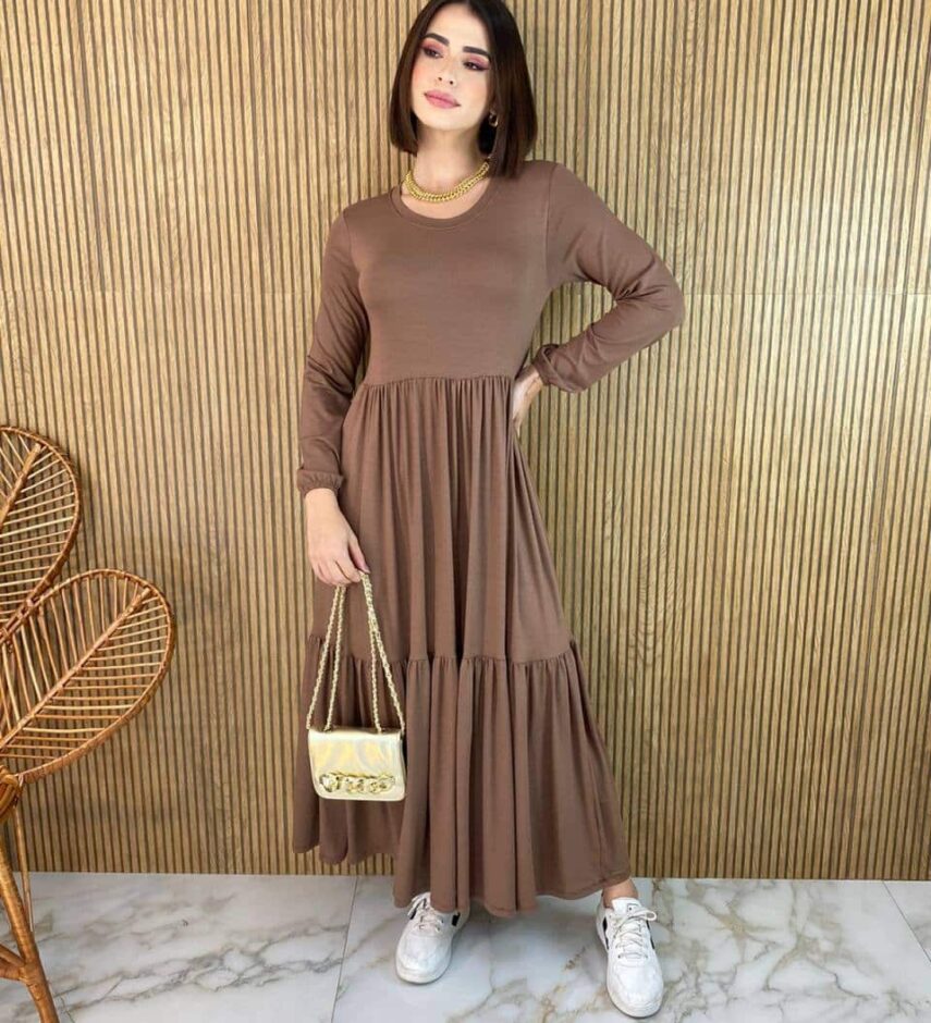 Vestido Midi sem Bojo Manga Longa de Malha Terra - Fernanda Ramos Store