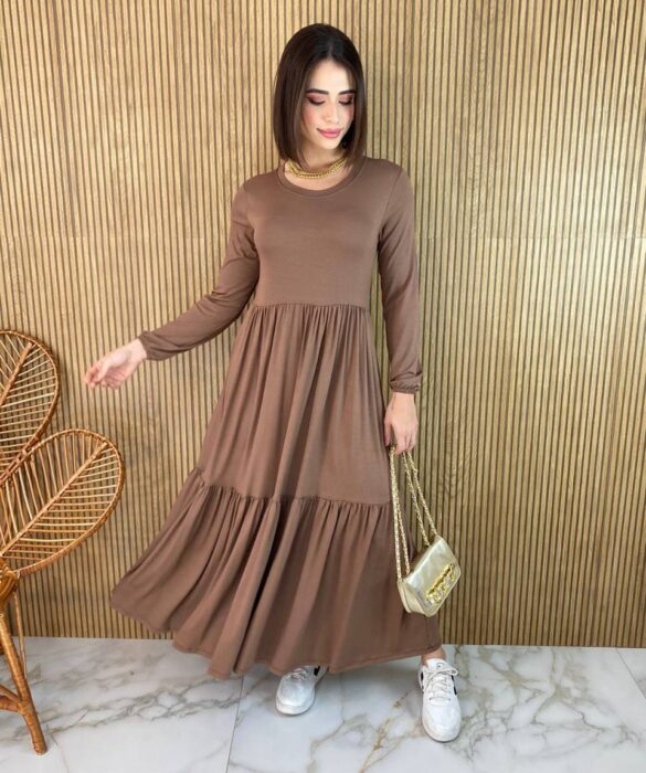 Vestido Midi sem Bojo Manga Longa de Malha Terra - Fernanda Ramos Store