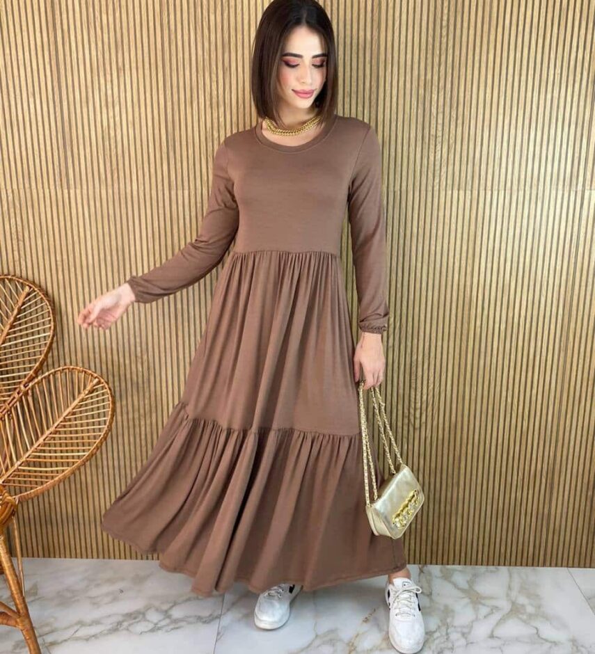 Vestido Midi sem Bojo Manga Longa de Malha Terra - Fernanda Ramos Store