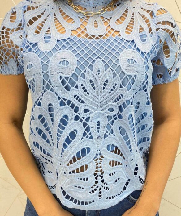 Blusa Feminina Manga Curta Lara Guipir Azul - Fernanda Ramos Store