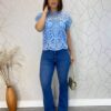 Blusa Feminina Manga Curta Lara Guipir Azul - Fernanda Ramos Store