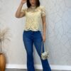 Blusa Feminina Manga Curta Lara Guipir Bege - Fernanda Ramos Store