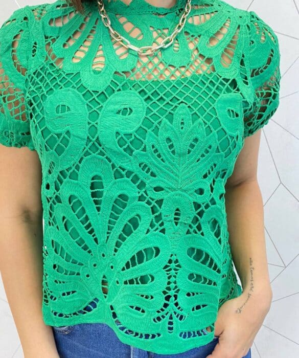 Blusa Feminina Manga Curta Lara Guipir Verde - Fernanda Ramos Store