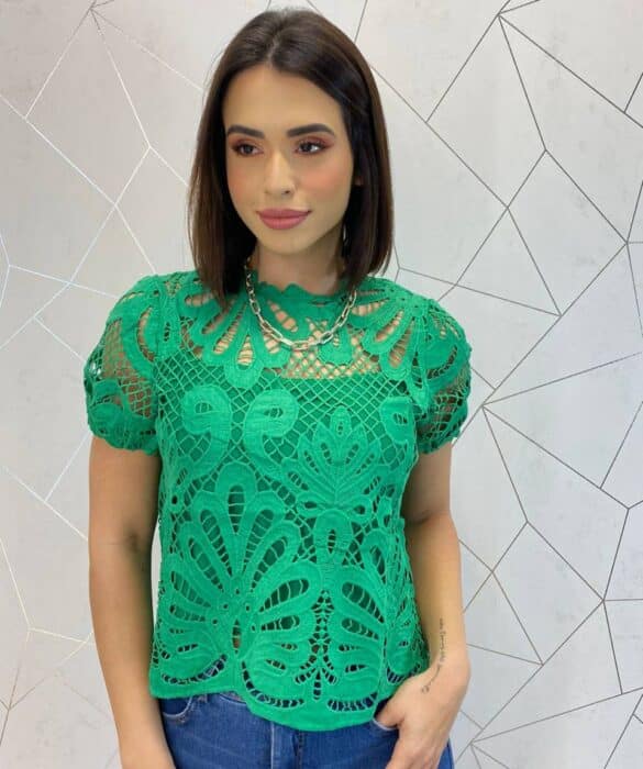 Blusa Feminina Manga Curta Lara Guipir Verde - Fernanda Ramos Store