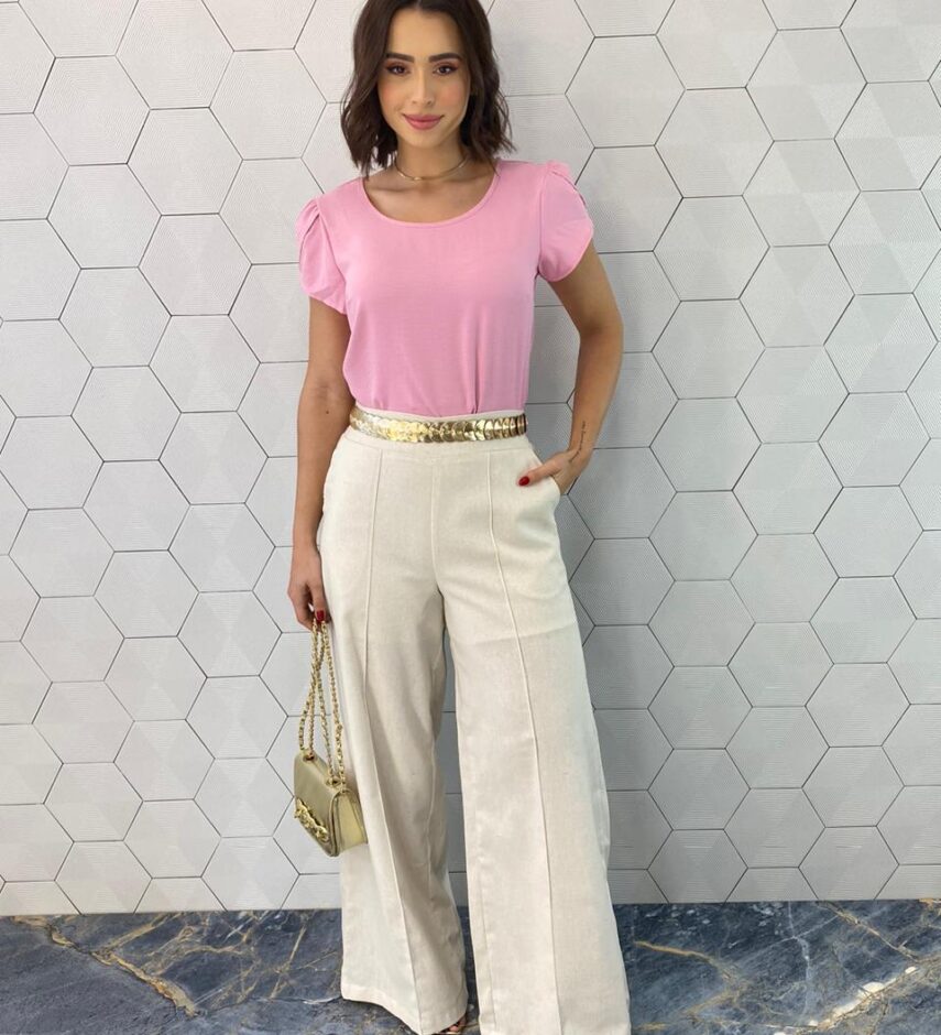 Blusa Manga Curta Feminina de Crepe Julia Rosa Claro - Fernanda Ramos Store