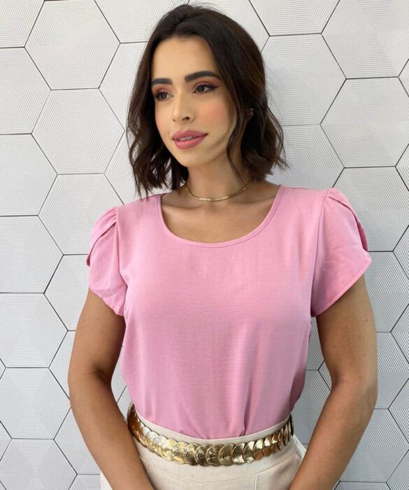 Blusa Manga Curta Feminina de Crepe Julia Rosa Claro - Fernanda Ramos Store