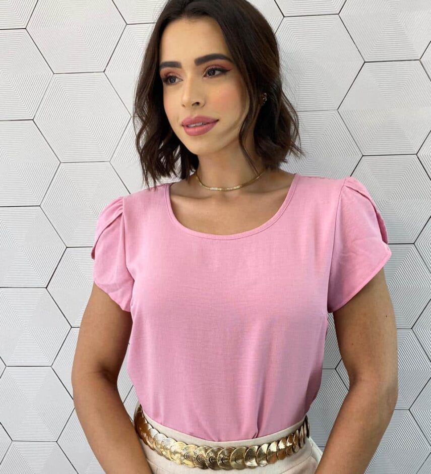 Blusa Manga Curta Feminina de Crepe Julia Rosa Claro - Fernanda Ramos Store