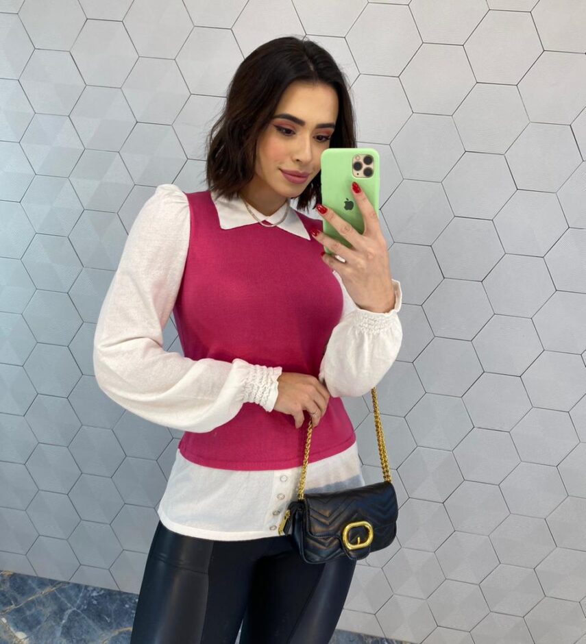 fernandaramosstore com br Blusa Manga Longa Feminina Modal com Sobreposição Rosa 1