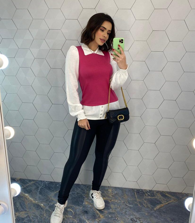 fernandaramosstore com br Blusa Manga Longa Feminina Modal com Sobreposição Rosa 2