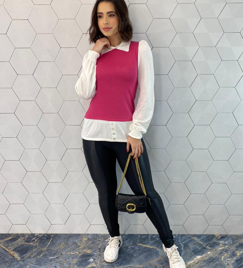 fernandaramosstore com br Blusa Manga Longa Feminina Modal com Sobreposição Rosa 3