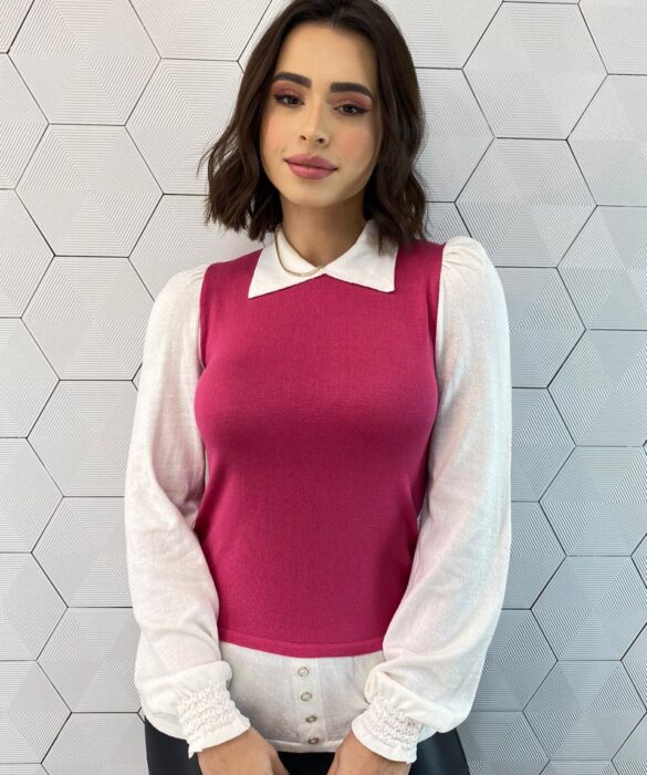 Blusa Manga Longa Feminina Modal com Sobreposição Rosa Fernanda Ramos Store