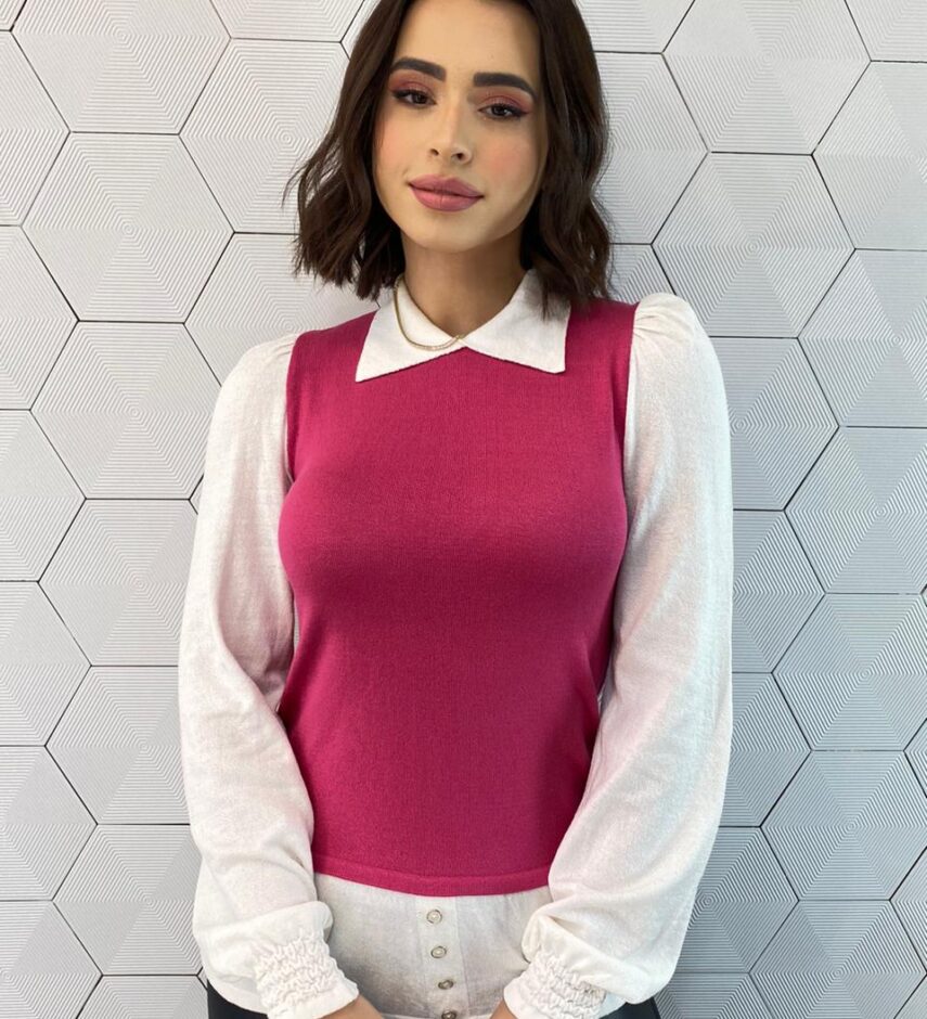 Blusa Manga Longa Feminina Modal com Sobreposição Rosa Fernanda Ramos Store