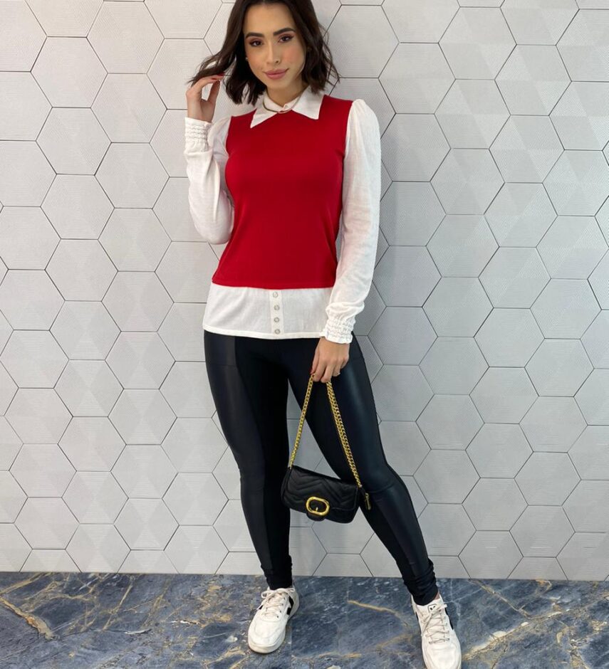 fernandaramosstore com br Blusa Manga Longa Feminina Modal com Sobreposição Vermelha 1