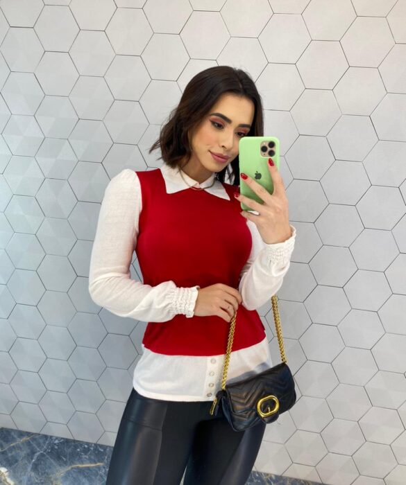 fernandaramosstore com br Blusa Manga Longa Feminina Modal com Sobreposição Vermelha 3