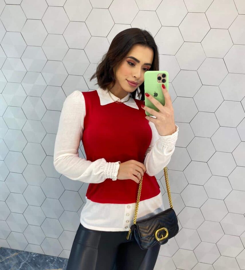 fernandaramosstore com br Blusa Manga Longa Feminina Modal com Sobreposição Vermelha 3