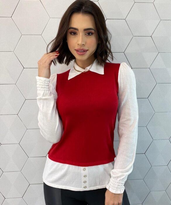 Blusa Manga Longa Feminina Modal com Sobreposição Vermelha Fernanda Ramos Store