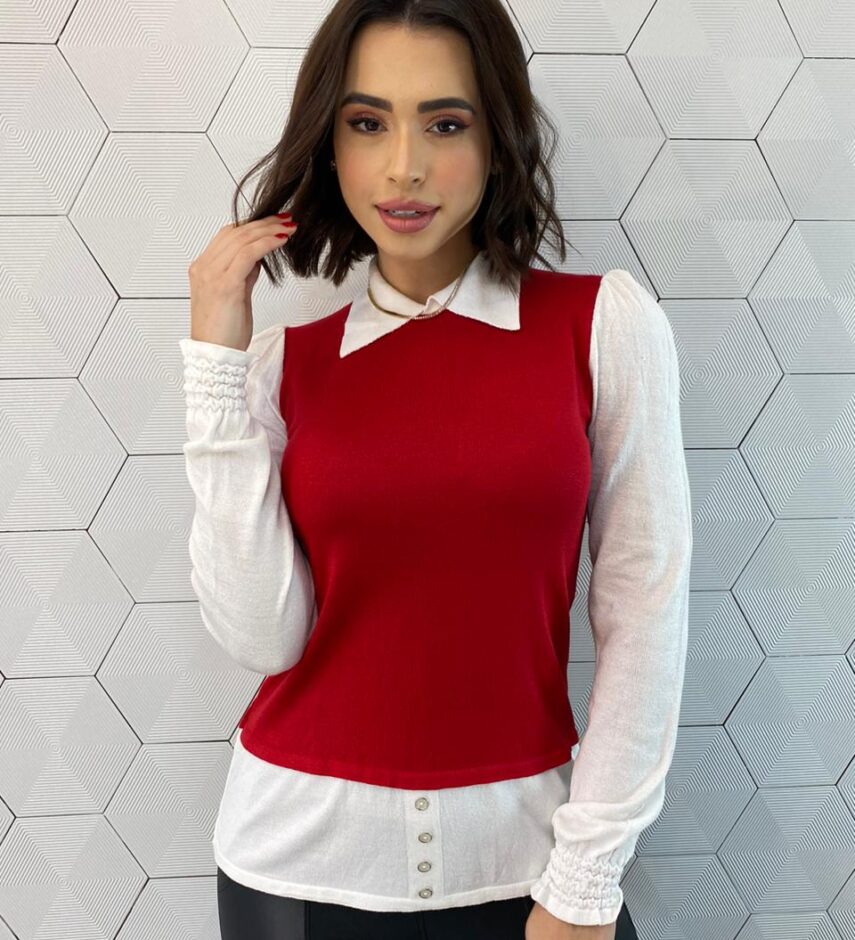 Blusa Manga Longa Feminina Modal com Sobreposição Vermelha Fernanda Ramos Store