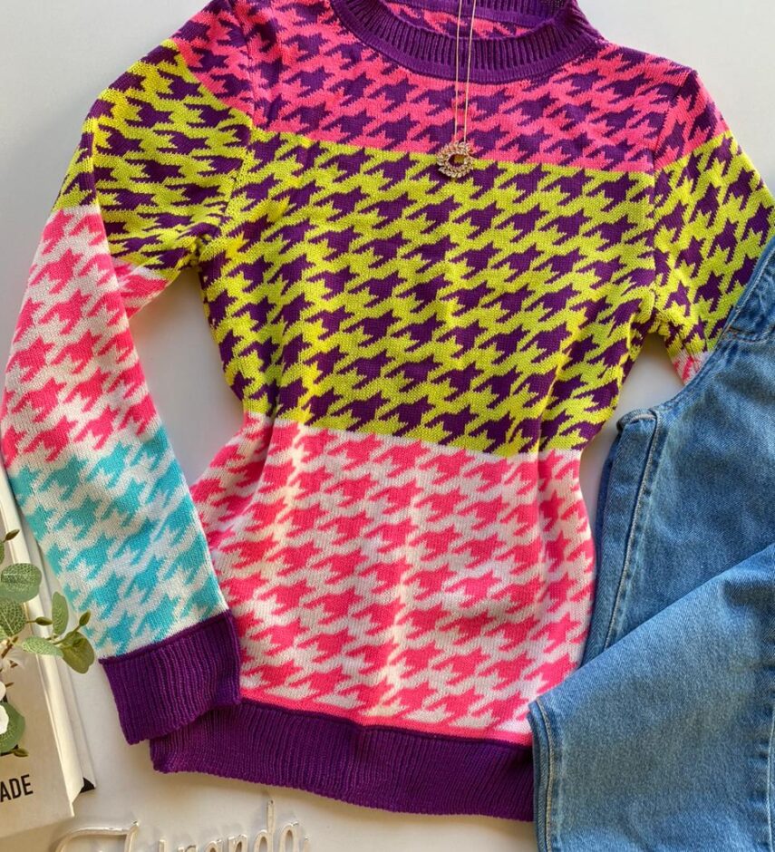 fernandaramosstore com br Blusa Manga Longa Feminina Tricot Estampa Pied de Poule 1