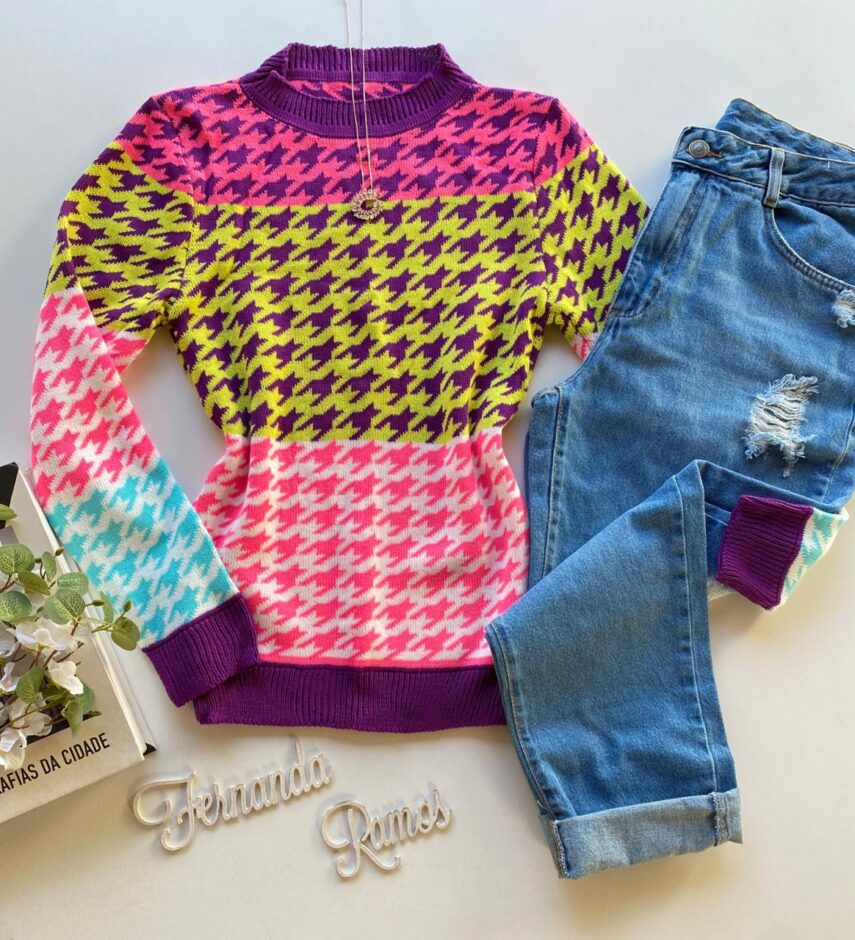 Blusa Manga Longa Feminina Tricot Estampa Pied de Poule Fernanda Ramos Store