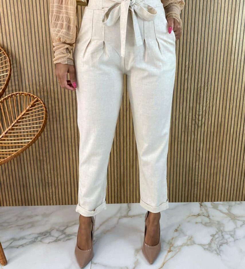 Calça Feminina Viscolinho com Amarração Cru - Fernanda Ramos Store