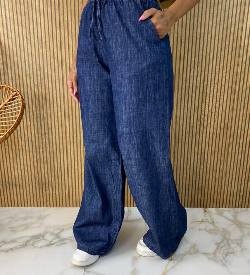 Calça Jeans Escuro Feminina Pantalona com Elástico - Fernanda Ramos Store
