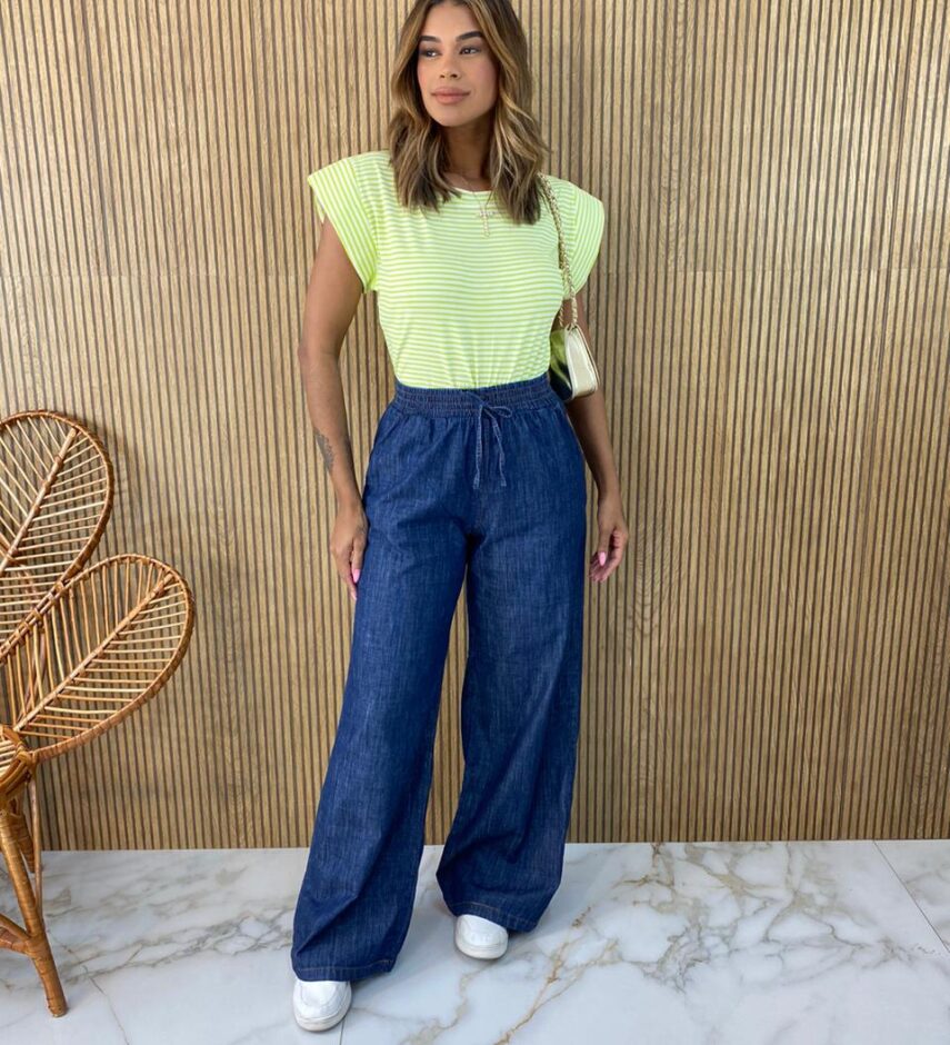 Calça Jeans Escuro Feminina Pantalona com Elástico - Fernanda Ramos Store
